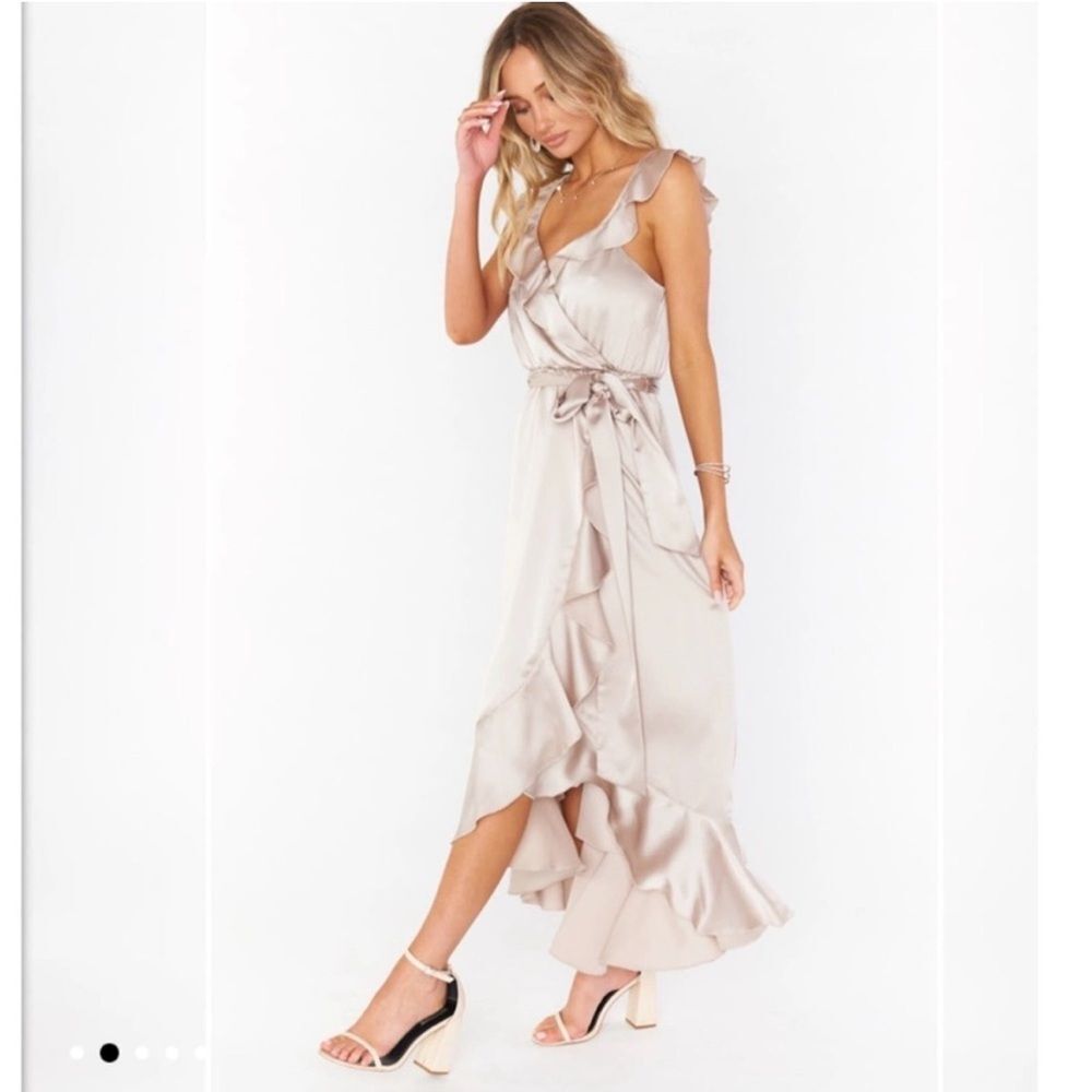 Ruffle Wrap Midi Dress in Light Beige